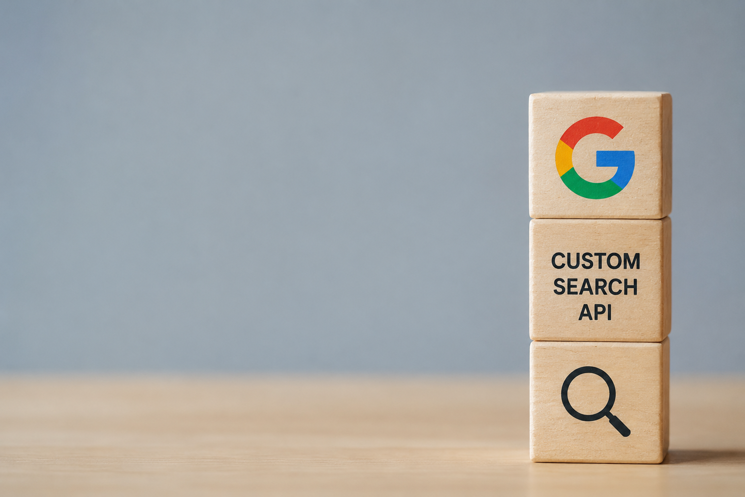 Деревянные кубики с надписью Custom Search API и значком поиска — обложка к статье об альтернативе Google Custom Search API