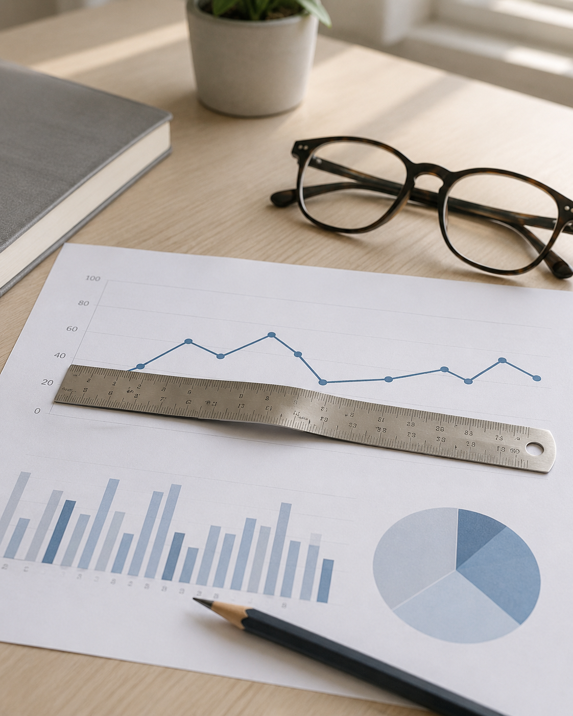 График SEO-аналитики и измерительный прибор как символ проверки данных